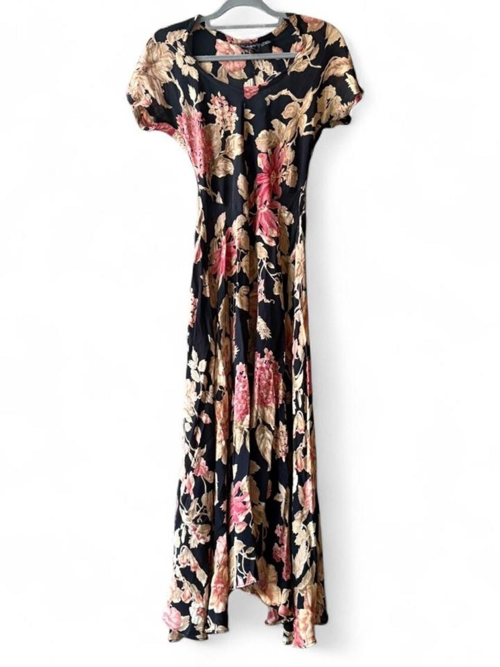 Vintage 90s Nostalgia Black Pink Tan Floral Short Sleeve Maxi Dress Size S